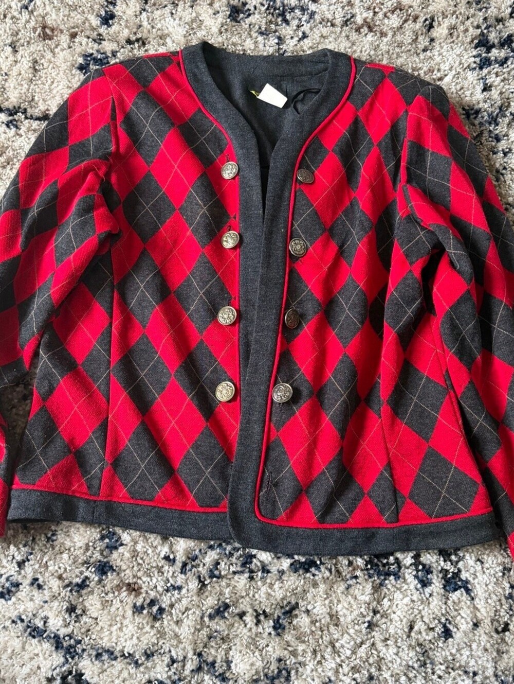 Stuart Alan Red Black Argyle Double Breasted Cardigan